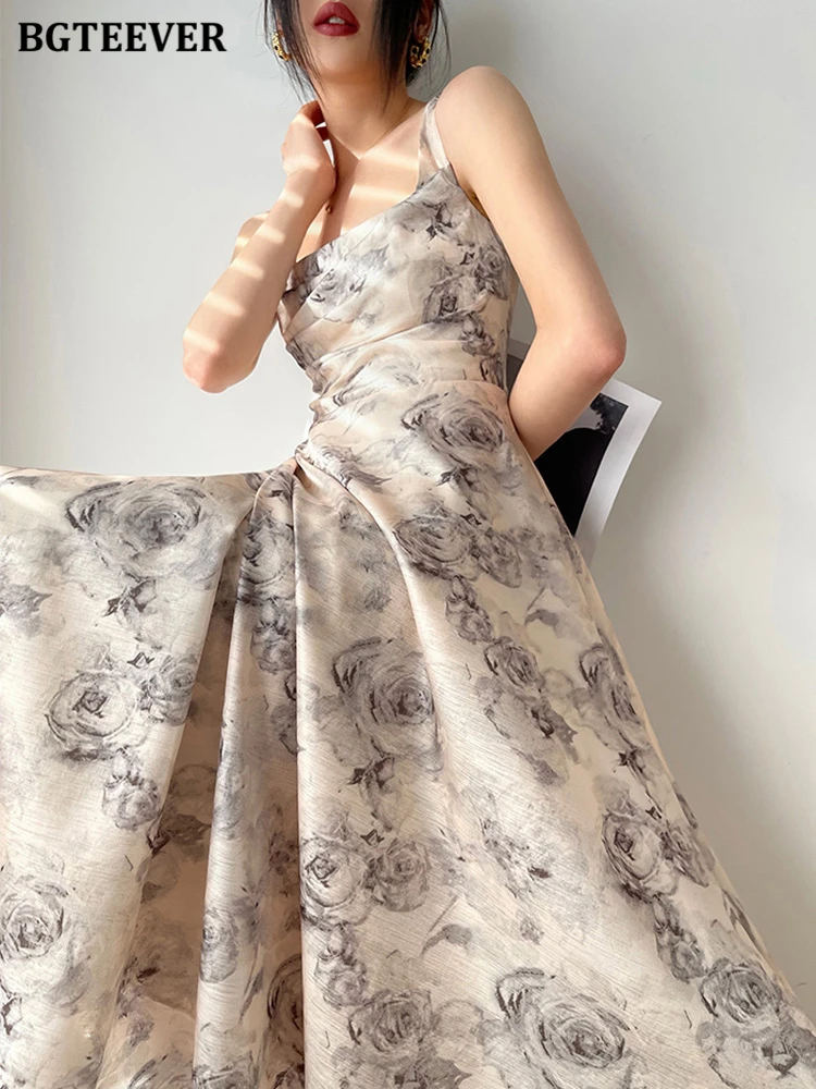 BGTEEVER Summer Sleeveless Women Printed Dress Elegant Slim Waist Spaghetti Strap Female A-line Dress Elegant Ladies Vestidos