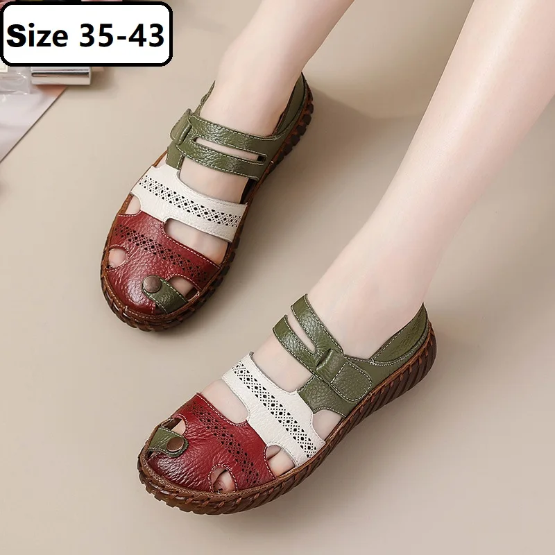 New Cutout Real Leather Sandals Women's Summer Shoes Size 43 Ladies Comfy Closed Toe Strappy Sandal Woman Flats Barefoot Shoes