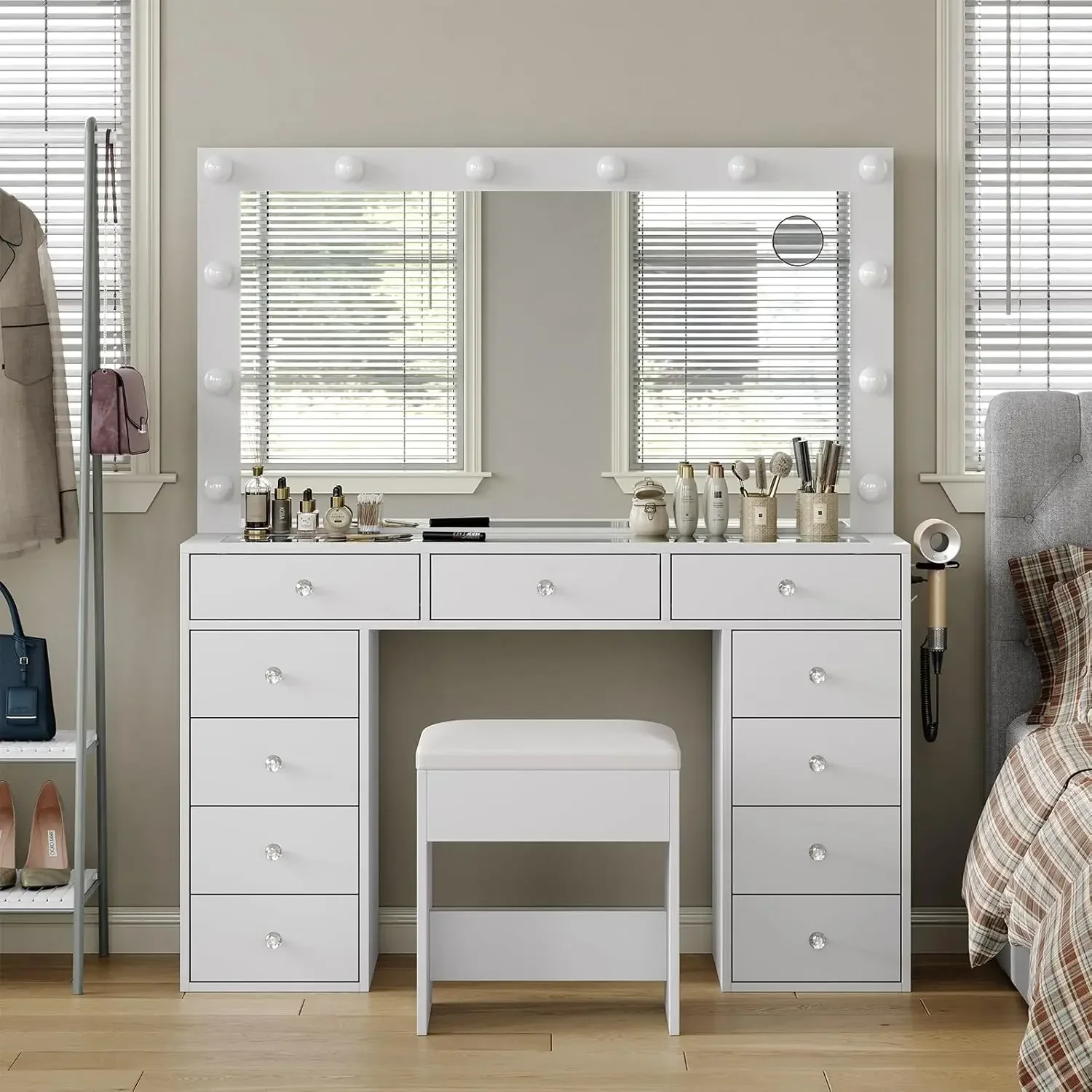 Vanity Desk with Power Outlet, Makeup Vanity with Mirror and 12 LED Lights, 3 Lighting Modes, 11 Drawers Vanity Table with Chair