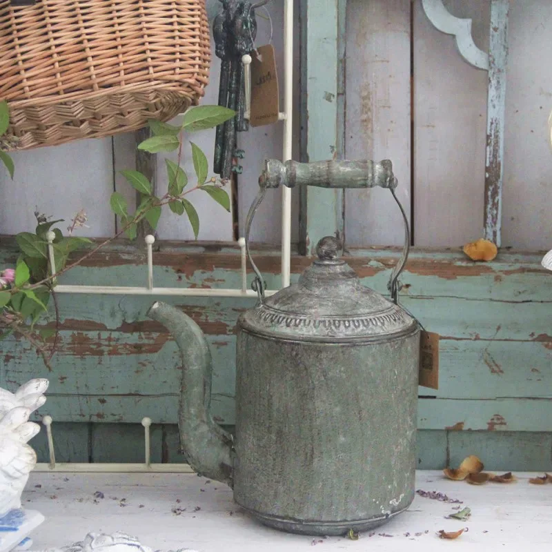 Vintage Rustic Metal Teapot Planter with Lid, Garden Home Decor, Distressed Green Finish, 13 Inch Height with Handle, 9.4 Inch W