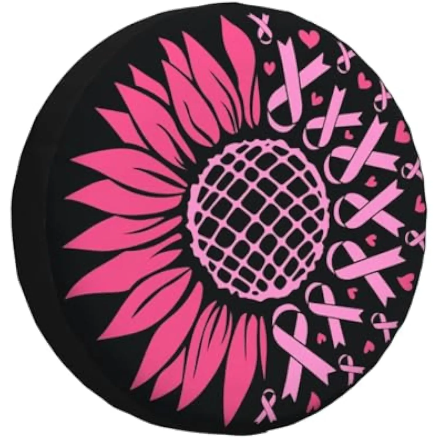 Pink Sunflower Breast Cancer Awareness Spare Tire Cover Polyester Weatherproof Universal Wheel Protector for SUV Truck