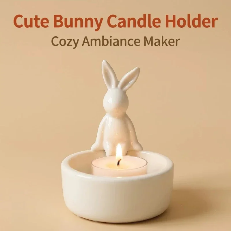 Ceramic Cartoon Bunny Candle Holder Easter Candles Holders Ornament Dining Table Study Aromatherapy Candles Vessel Decoration