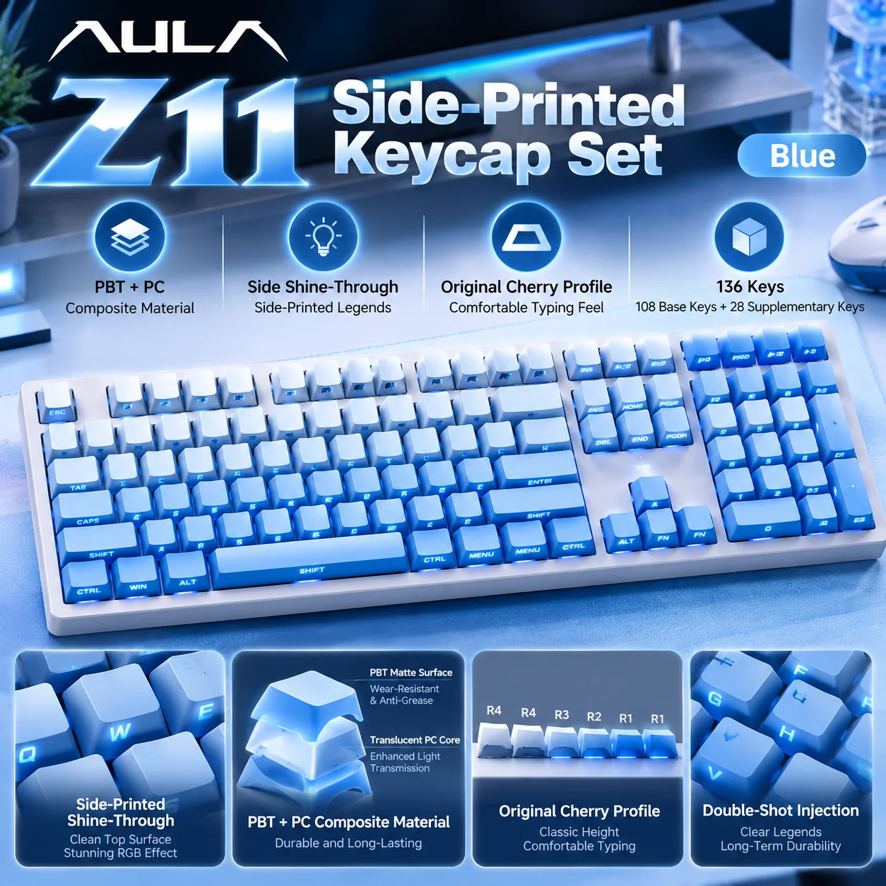 AULA Z11 Side Printed Keycap Set 136 Keys PBT PC Cherry Profile Double Shot Shine Through MX Stem Keyboard