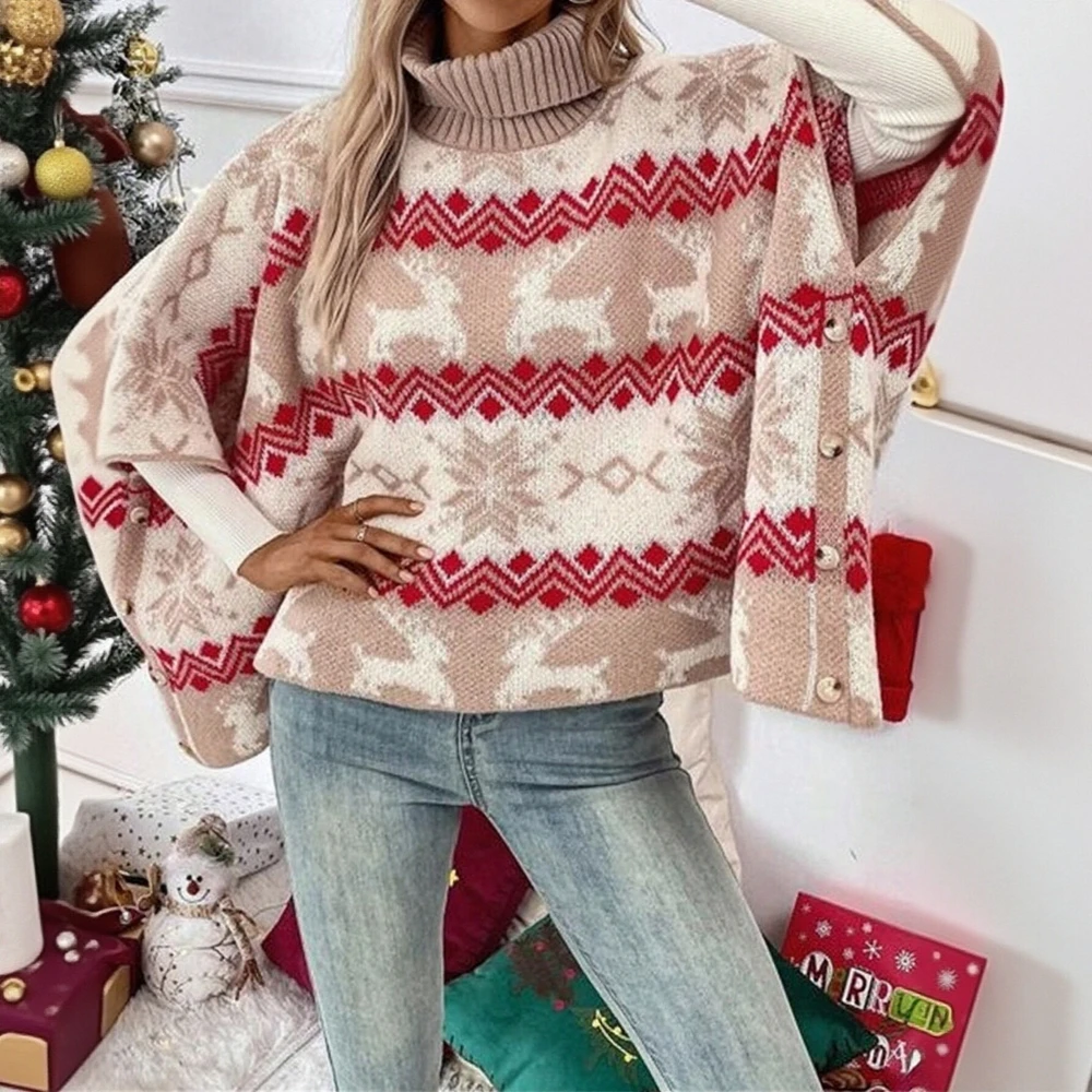 

Women's Long Sleeve Turtleneck Sweater Autumn Winter Fashion Cute Christmas Contrast Color Daily Wear