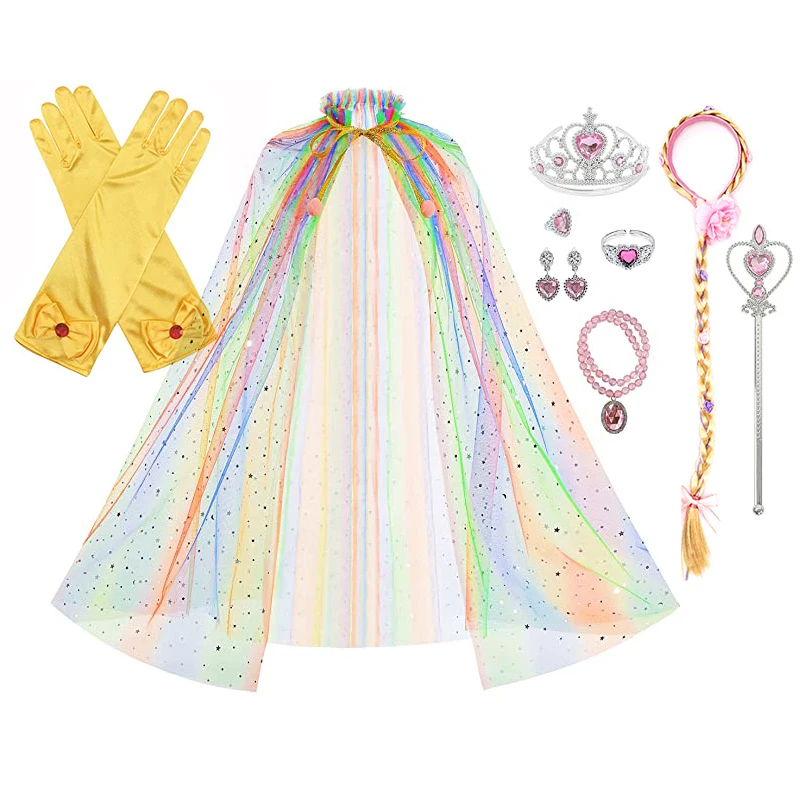 

Kids Christmas Halloween Cape Princess Long Braided Wigs Tiara Crown Wand Necklace Jewelry Girl Sequin Cloak for Party Costume