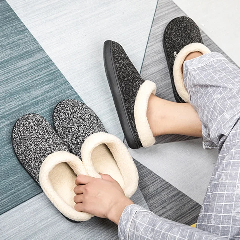 Men Slippers Black New Winter Suede Slippers Warm Indoor Slipper Waterproof Home House Shoes Men Warm Velvet Fur Knitting Shoes