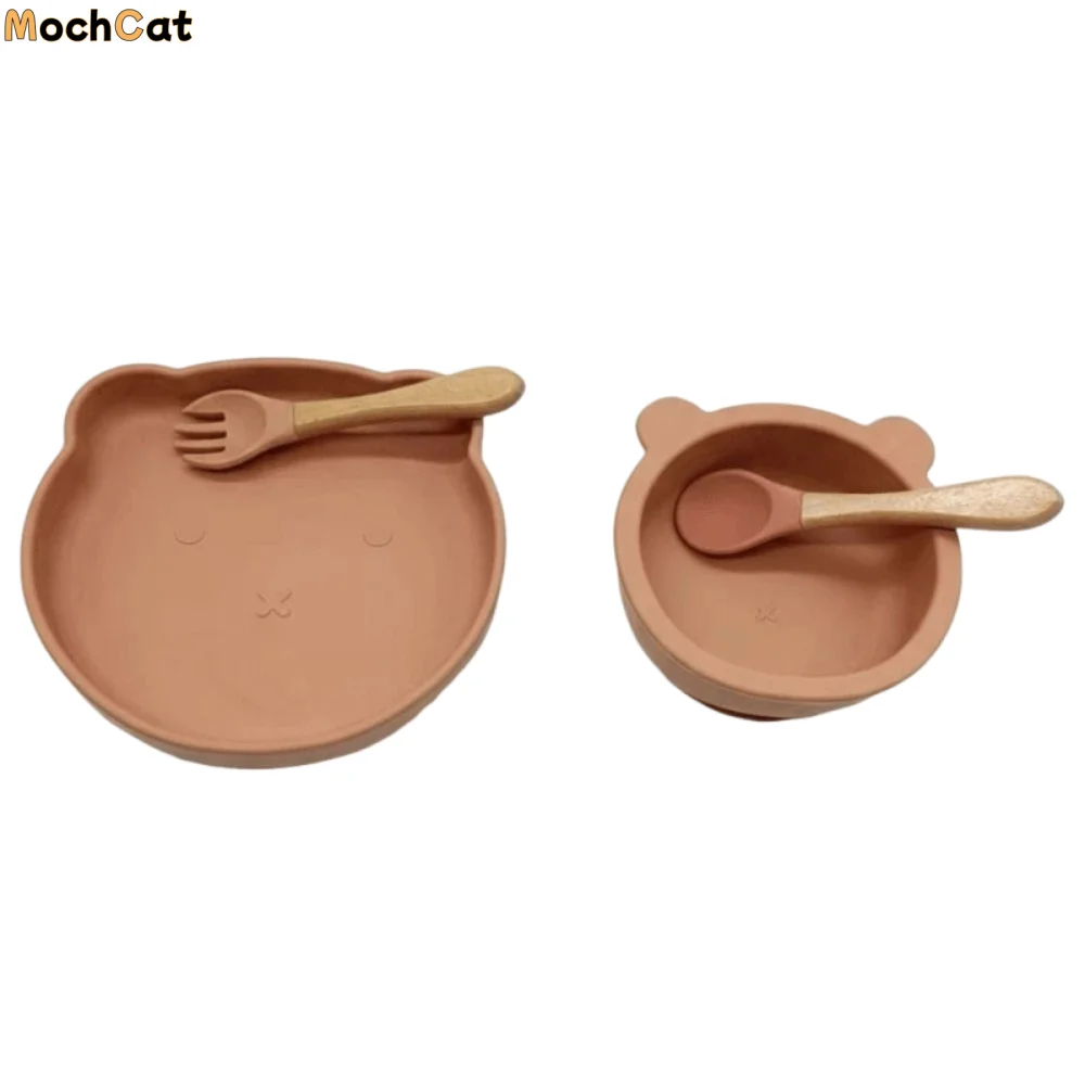 

Набор посуды для отлучения ребенка с мультяшным медведем, небьющаяся противоскользящая детская силиконовая присоска, легко чистящаяся детская посуда без BPA