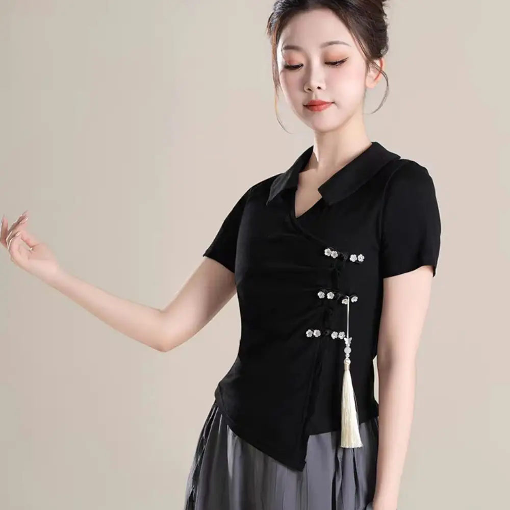 شرابة قلادة غير النظامية تي شيرت برقبة على شكل v زهرة زر التلبيب المرأة سليم المحاصيل القمم النمط الصيني الإناث الصيف القمم #3