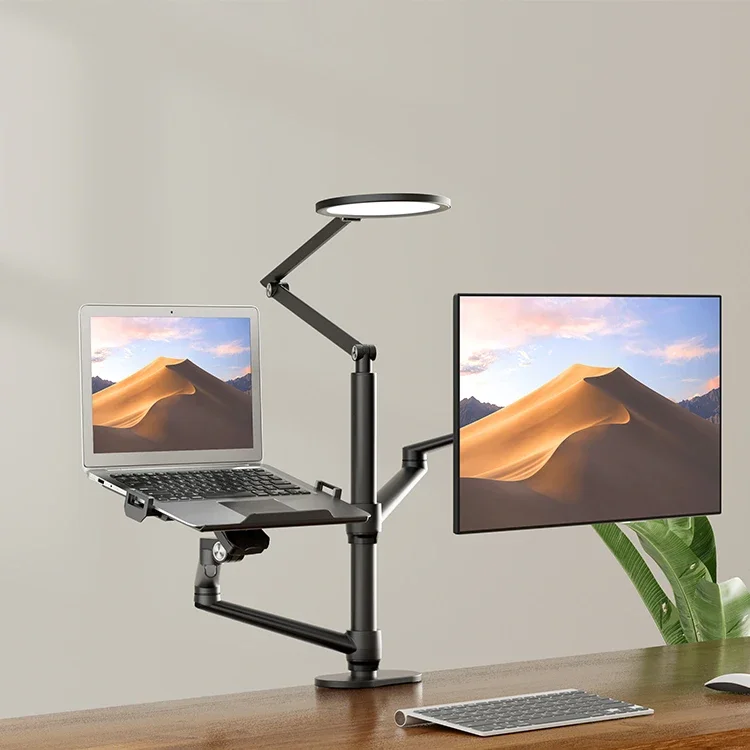 Gas Spring  Arm and Laptop Tray Stand VESA Mount with LED Lamp for Office