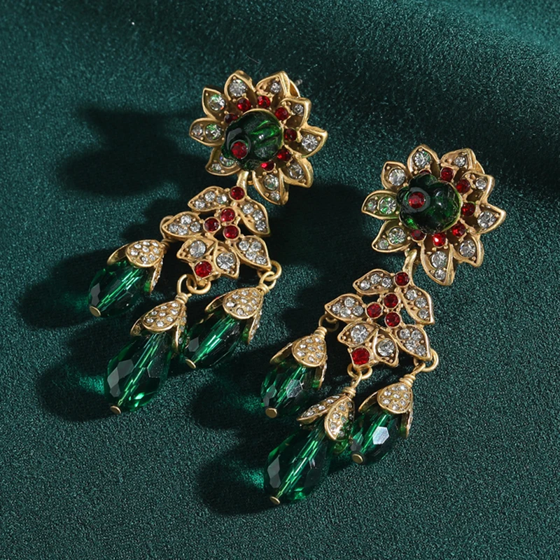 

Vintage Sunflower Dangling Earrings Tassel Large Green Emerald Crystal Bead Drop Luxury Zircon Rhinestone Gold Color Woman