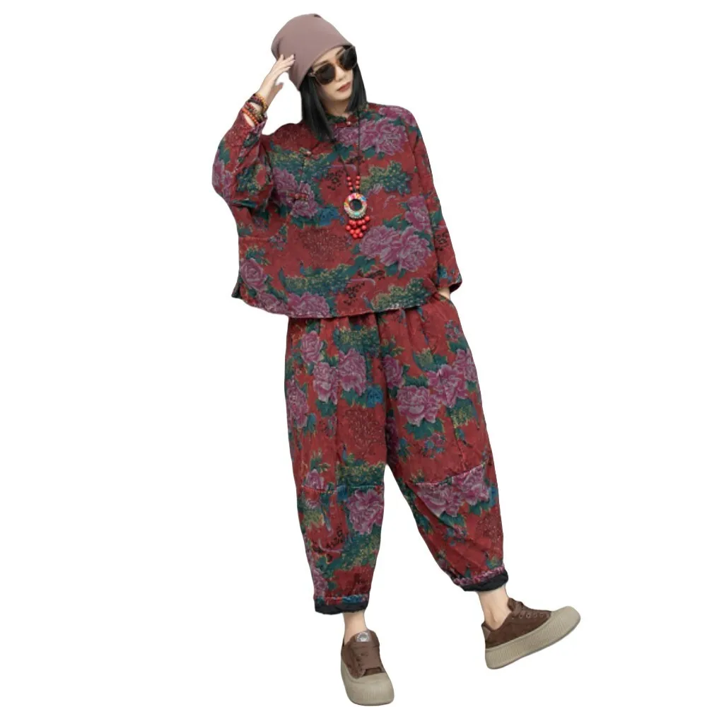 2024 Autumn Chinese Style Peony Flower Pant Set Vintage Cotton Linen Double-layer Long Sleeved Shirt + Pant Two-piece Set LX2424