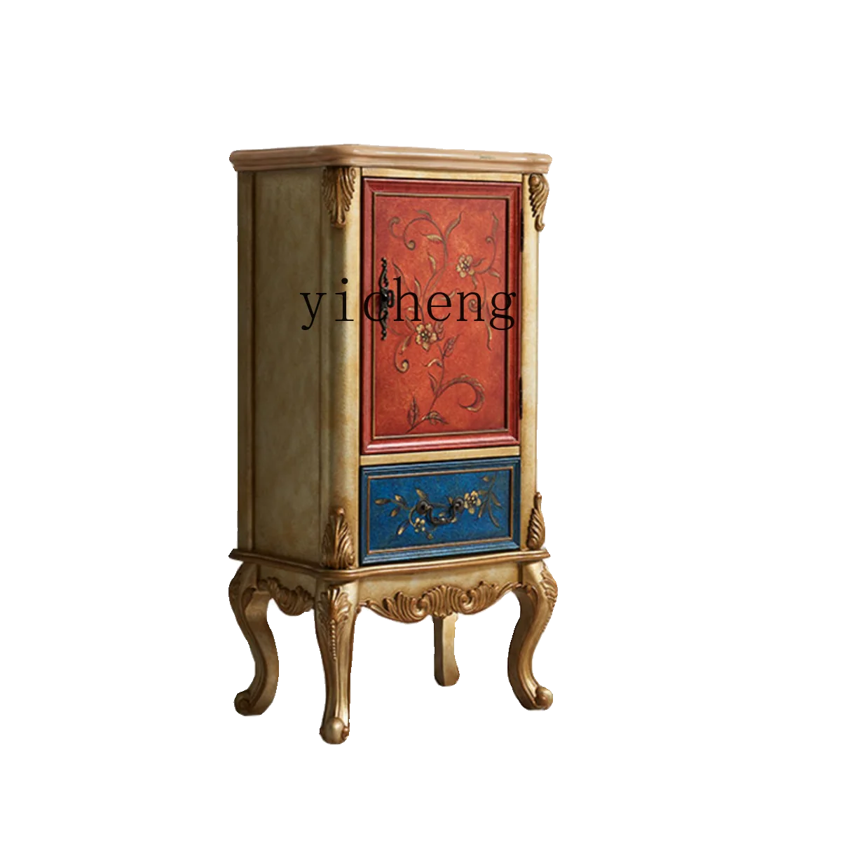r8.10- solid wood side cabinet corner cabinet, European painted high-footed bucket cabinet, living room TV side cabinet storage