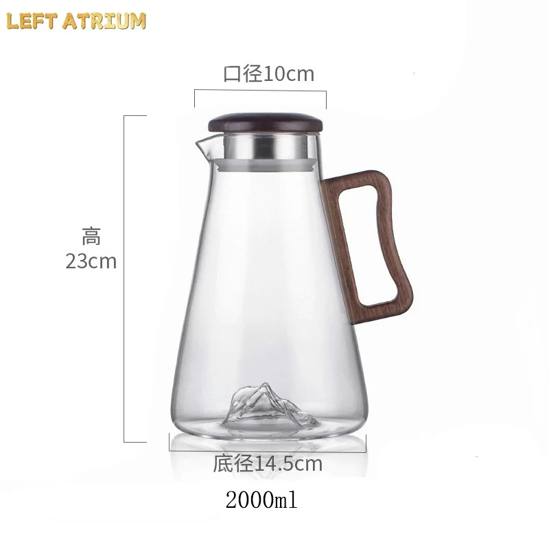 Large Capacity 2000ML Glass Cold Water Jug Heat Resistant Water Pot With Wooden Handle Filter Lid Juice Glass Pitcher Bottle
