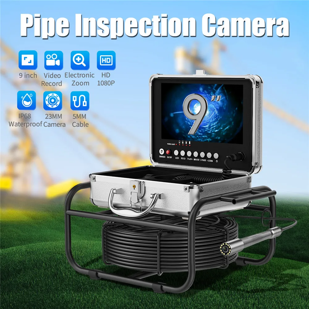 

Sewer Pipe Inspection Camera with DVR 16GB Card Video Endoscope Camera 9" Screen 20M 23mm Tube Lens IP68