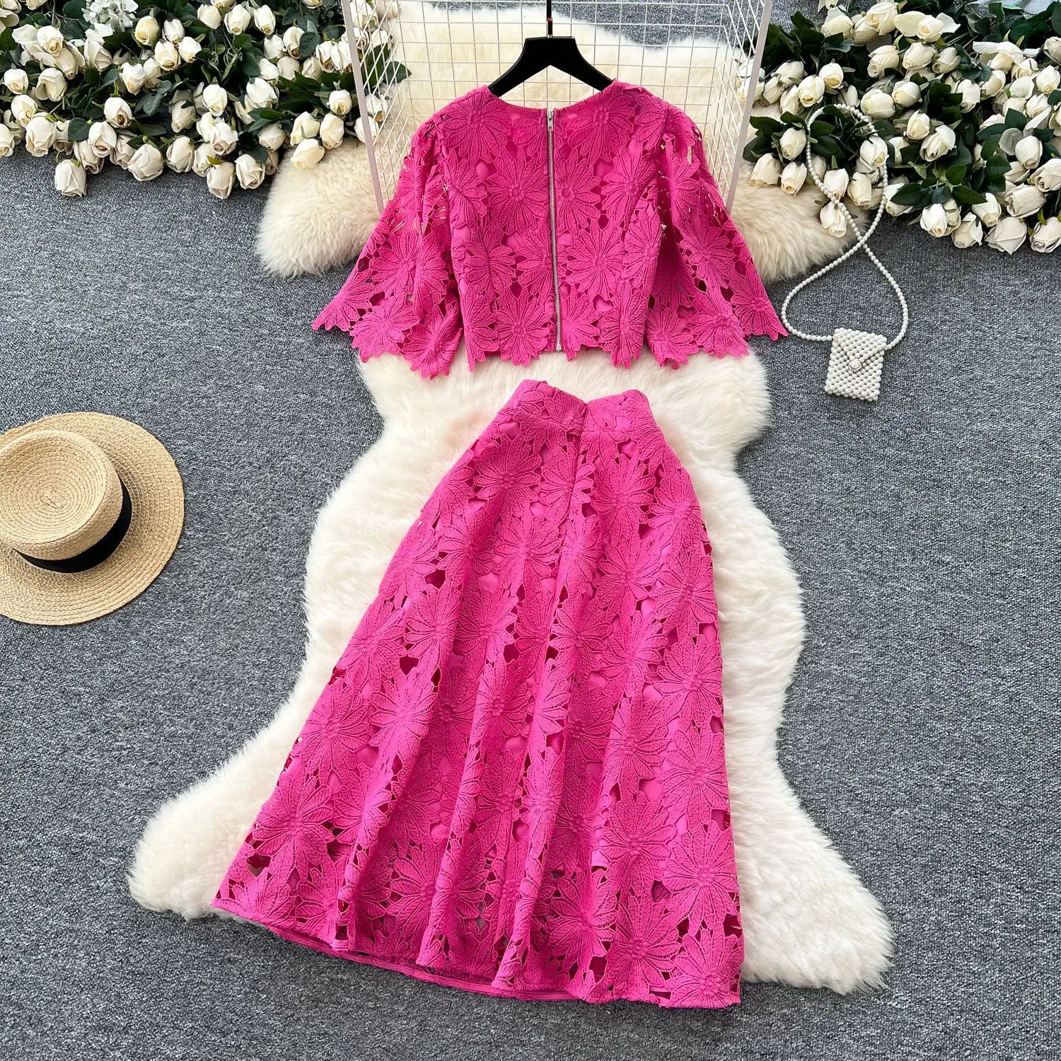 

Two Piece Sets Women Skirt Set Short Sleeve Round Neck Tops Long Skirts A Line High Waist Lace Hollow Out Elegant Work Spring