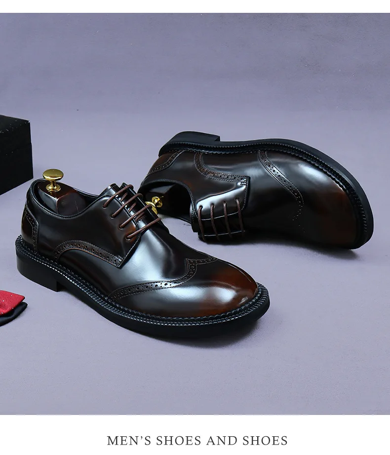 Zapatos Brogue Retro para Hombre, de Cuero Genuino de Lujo, Punta Redonda, Hechos a Mano, Planos, Color Marrón y Negro, para Bodas y Eventos Sociales