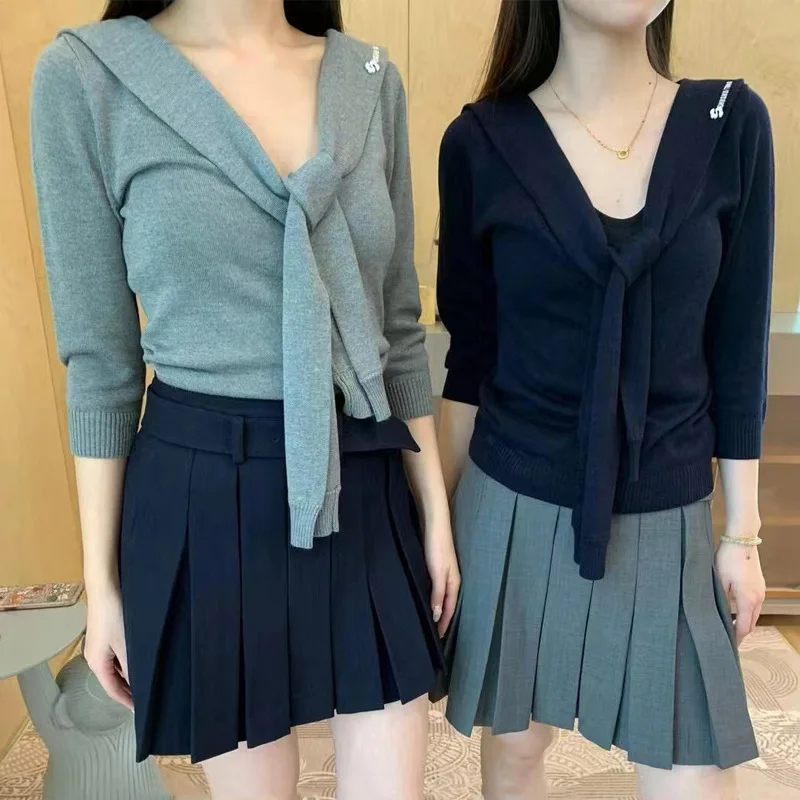 

Spring Summer 2025 Knitted Sweater with Belt Seven-Quarter Sve Overhead Woolen Top Ele Sle Bright Tead Work