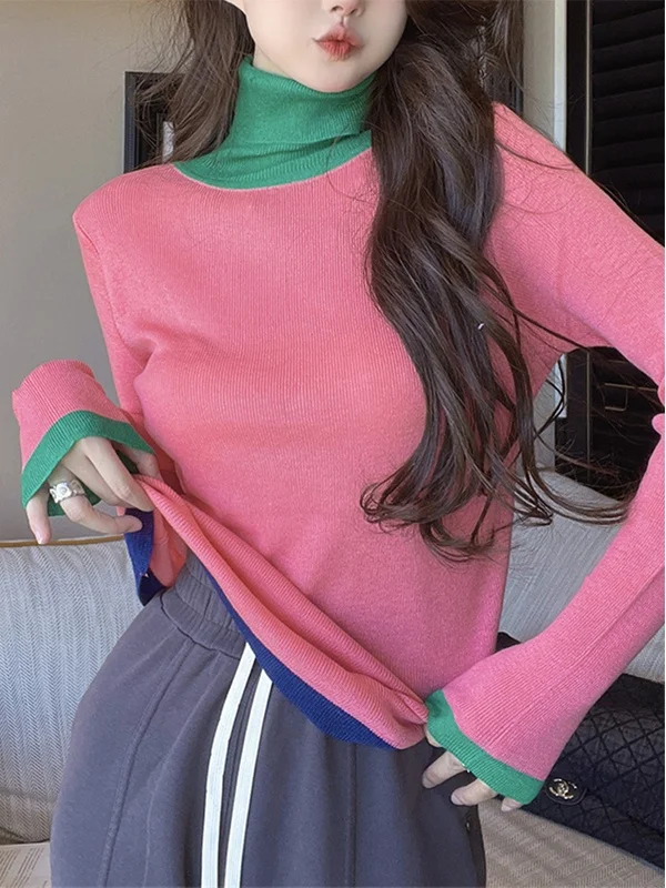 

Women's High Collar Long Sve Knitted Sweater Unique Color Blo Design Base Layer Top for Autumn Winter Commute Sle Slim...
