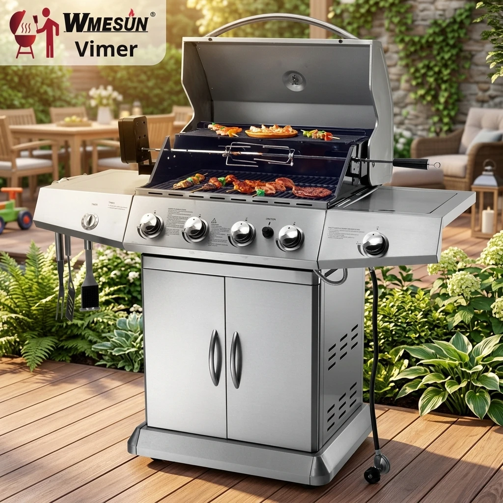 Premium Propane High Pressure Grill 4 Burners Stainless Steel Mobile BBQ Cart Flame Safety Device Piezoelectric Ignition Outdoor