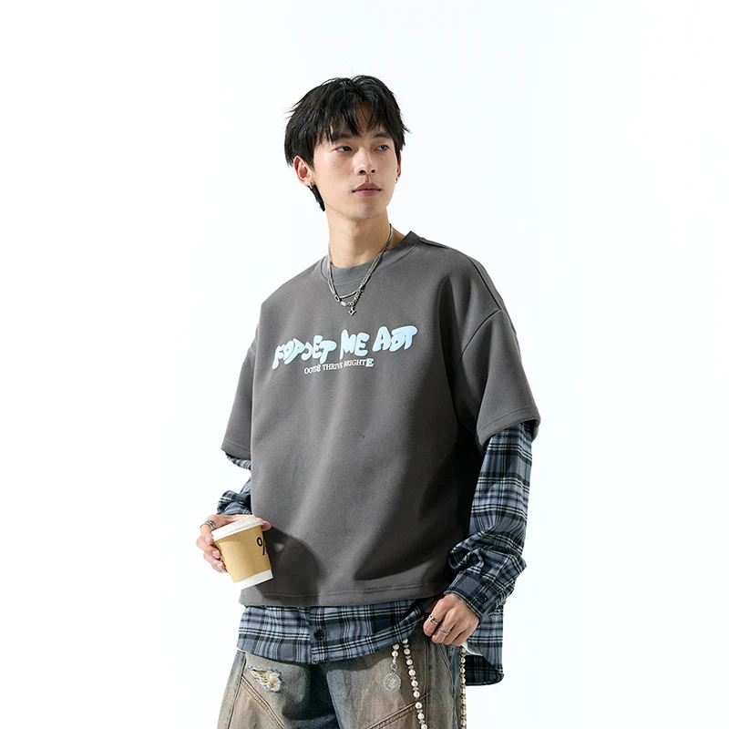 

New 2025 Men's Autumnal Oversized round Ne Sweatirt Plaid Faion Fake Two-Piece Loose Fit American Sle Comfortable Cot...