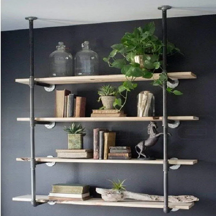 LH wall bookshelf industrial water pipe wall-mounted 4-layer shelf wrought iron decoration