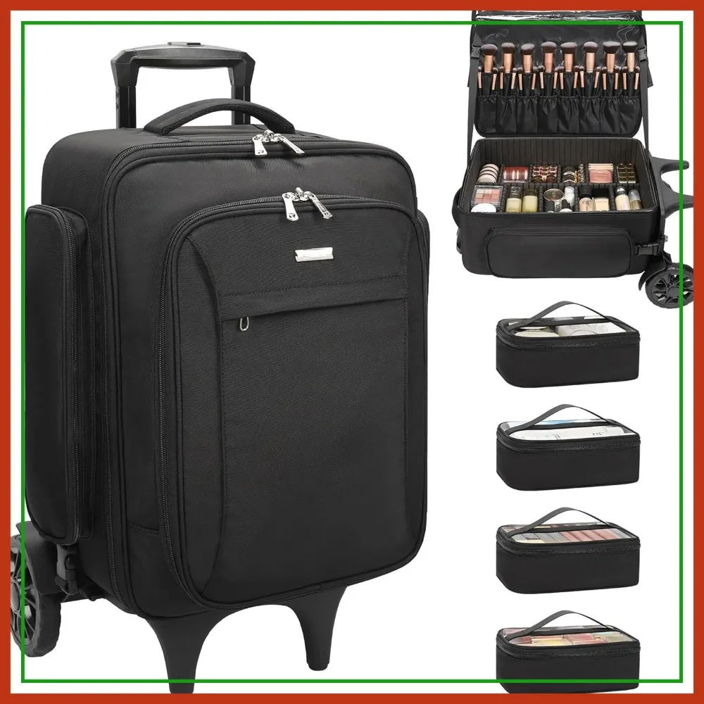 

Rolling Makeup Case with 4 Bags, Large Travel Organizer with 2 Wheels, Lockable Artist Backpack with Adjustable Dividers - Black