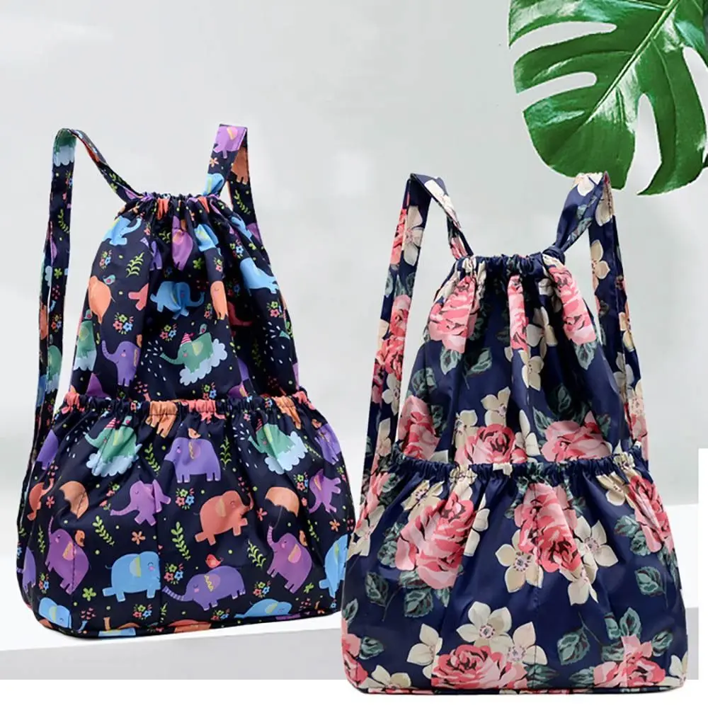 Casual Floral Printed Drawstring Bag Polyester Waterproof Portable Shopping Bag Fold Large Capacity Backpacks Ladies