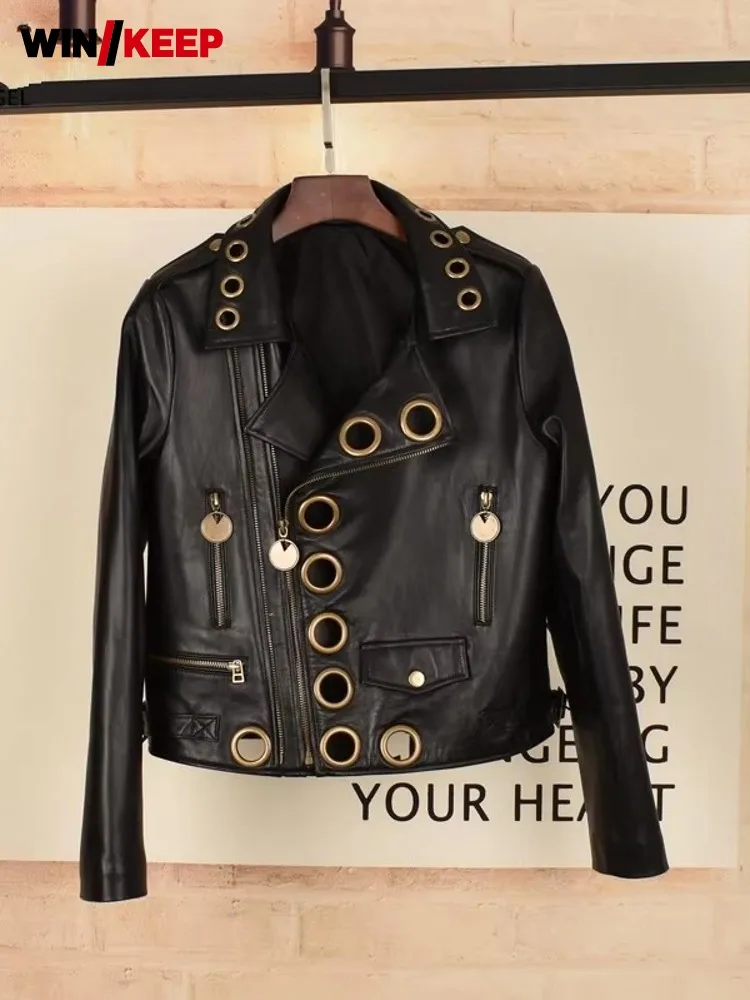New Designer Women Metal Hollow Out Sheepskin Real Leather Jacket Punk Style Moto Biker Short Outwea Coat Genuine Leather Jacket