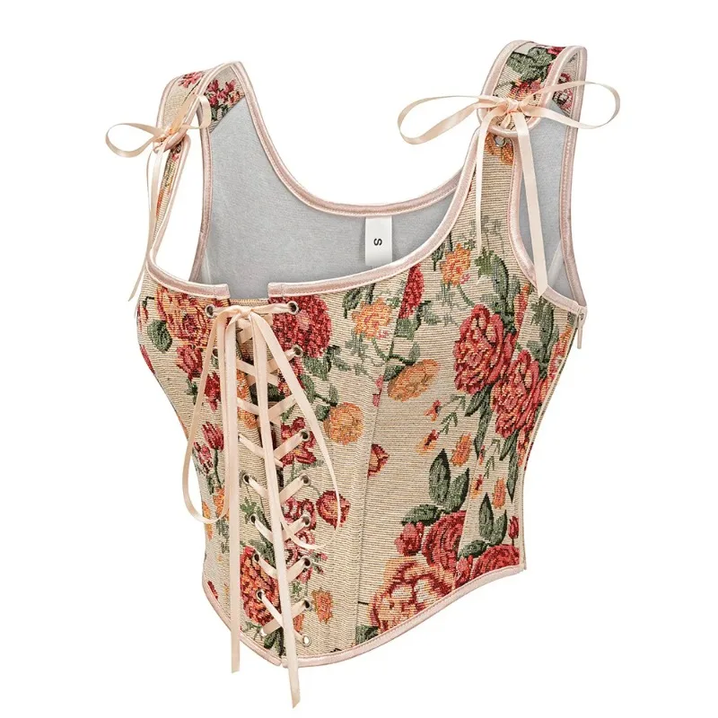 Black Flower Pattern Boned Bustier Corset Steampunk Gothic Corset Vest For Women Waist Training Lace Up Top