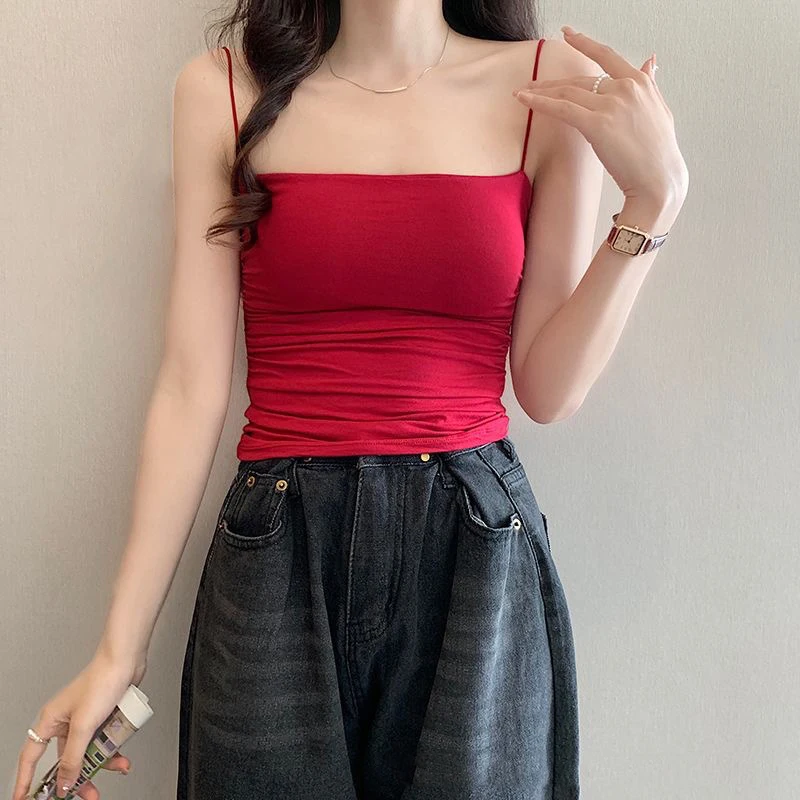 Summer Sexy Slim Fit Camisole Vest Cropped Top With Thin Straps Women Tank Tops Sleeveless Solid Color Built In Bra Tees Korean