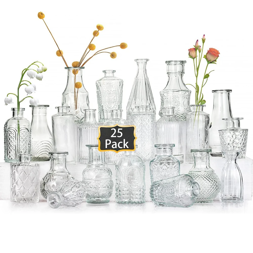 

25pcs Glass Bud Vase Small Clear Vase Antique Vase Mini Glass Vase Country Wedding Flower Arrangement Family Table Decoration