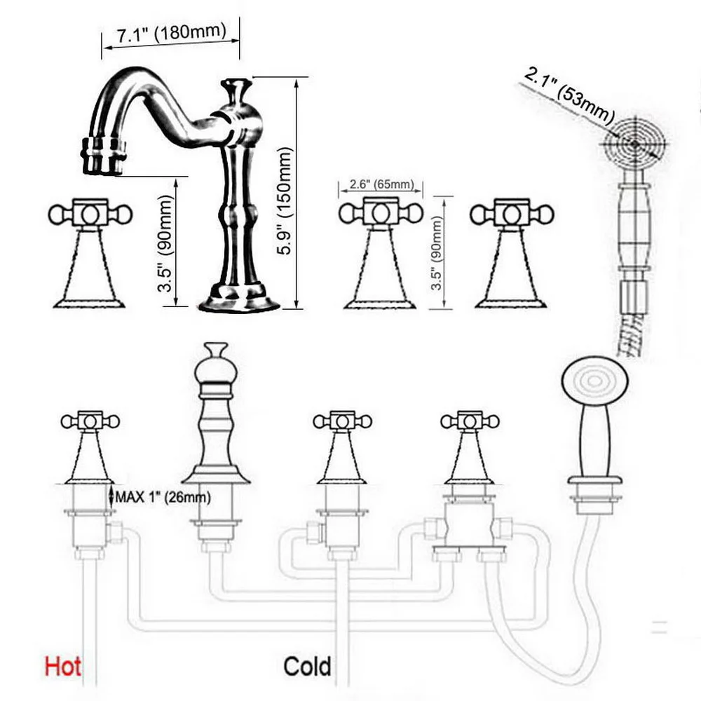 Antique Red Copper Roman Bathtub Mixer Faucet Set w/ Handheld Shower 5 Holes Tap Deck Mounted Ltf216