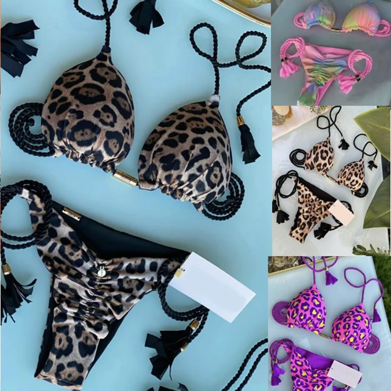 

Сексуальные комплекты бикини, женский купальник с леопардовым принтом и бахромой, женский купальник, купальный костюм для отпуска, разделенные купальники