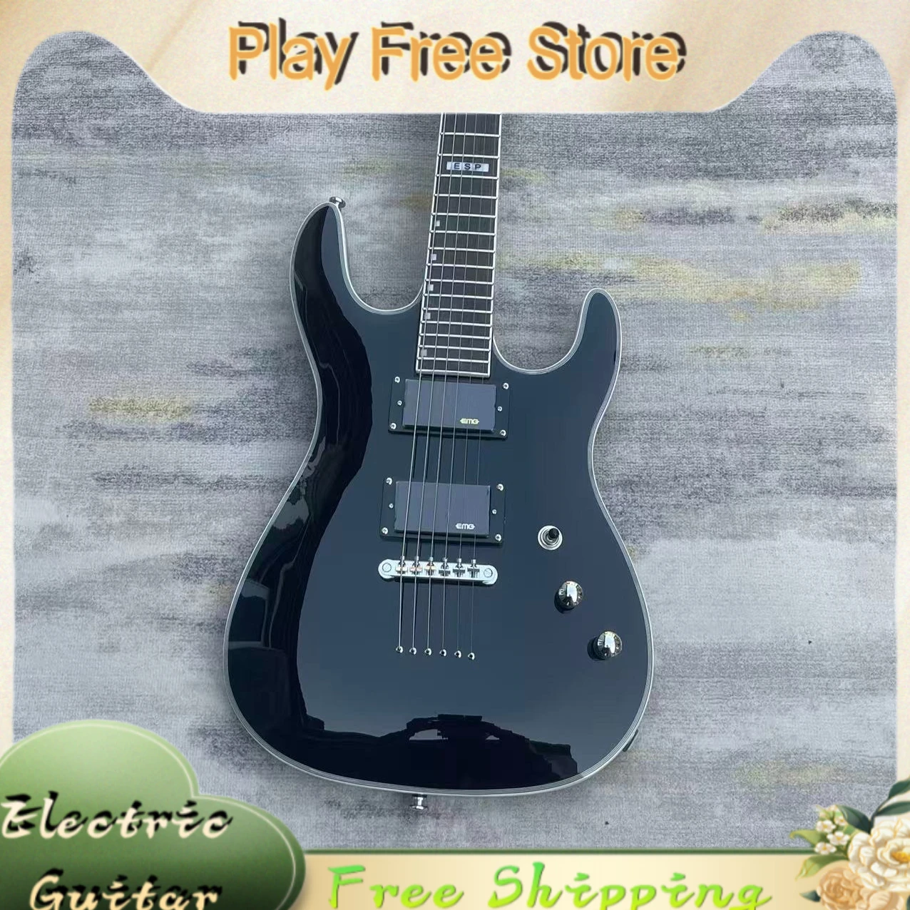 E Double Cutaway Electric Guitar Gloss Black Multi White Binding Block Inlay EMG Pickups Thrash Metal Playing Guitar Hot Sale
