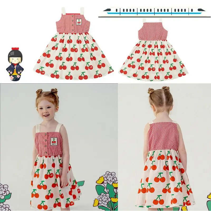 

Jenny&Dave 2023 Summer New Girl's Fashionable Nordic Edition Princess Dress with Cute Cherry Full Print Dress for Girls