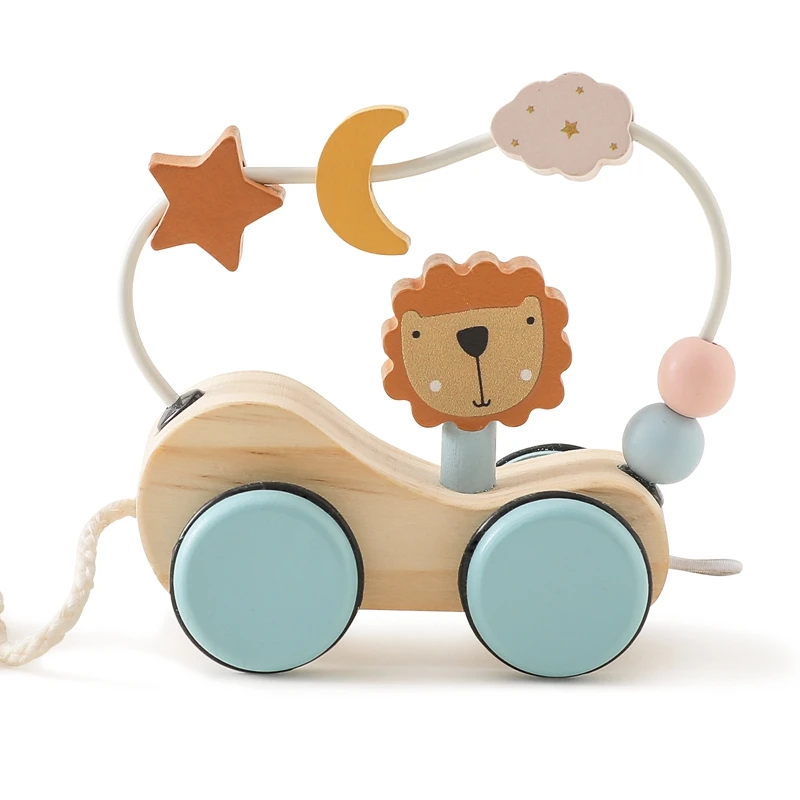 Coche de juguete de madera para bebé, juguete de bebé de haya, Montessori, con estrellas y luna envolvente, juguete de coordinación manual, regalos