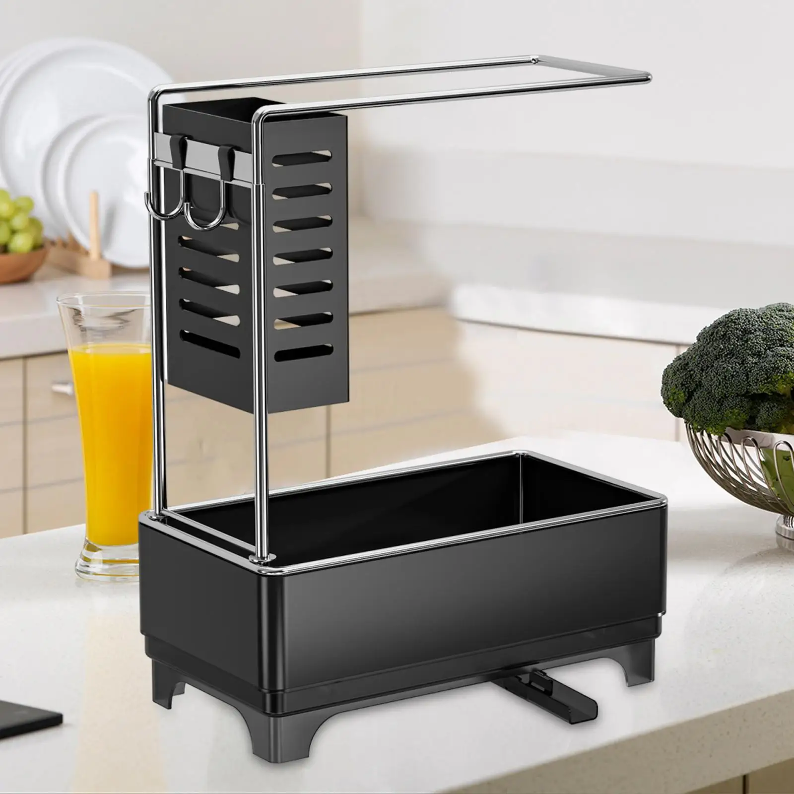 Kitchen Sink Organizer Storage Essentials Black Counter with Auto Drain Tray
