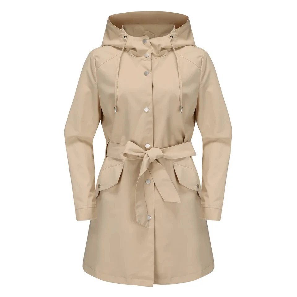 

Women's New Hooded Comfortable Casual Elegant Office Zipper Water Resistant Windproof Belted Casual Loose Trench Coat Outerwear