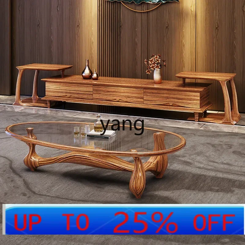 

lmm Solid Wood Large Zebra New Chinese Large Apartment Living Room Glass Tea Table Combination