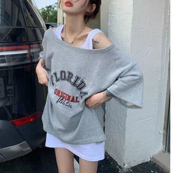 Spring Summer Korean Korean Patchwork Slash Neck Short Sleeve T-Shirt Two-piece Suit Female Casual Letter Pullover Tank Top Tops