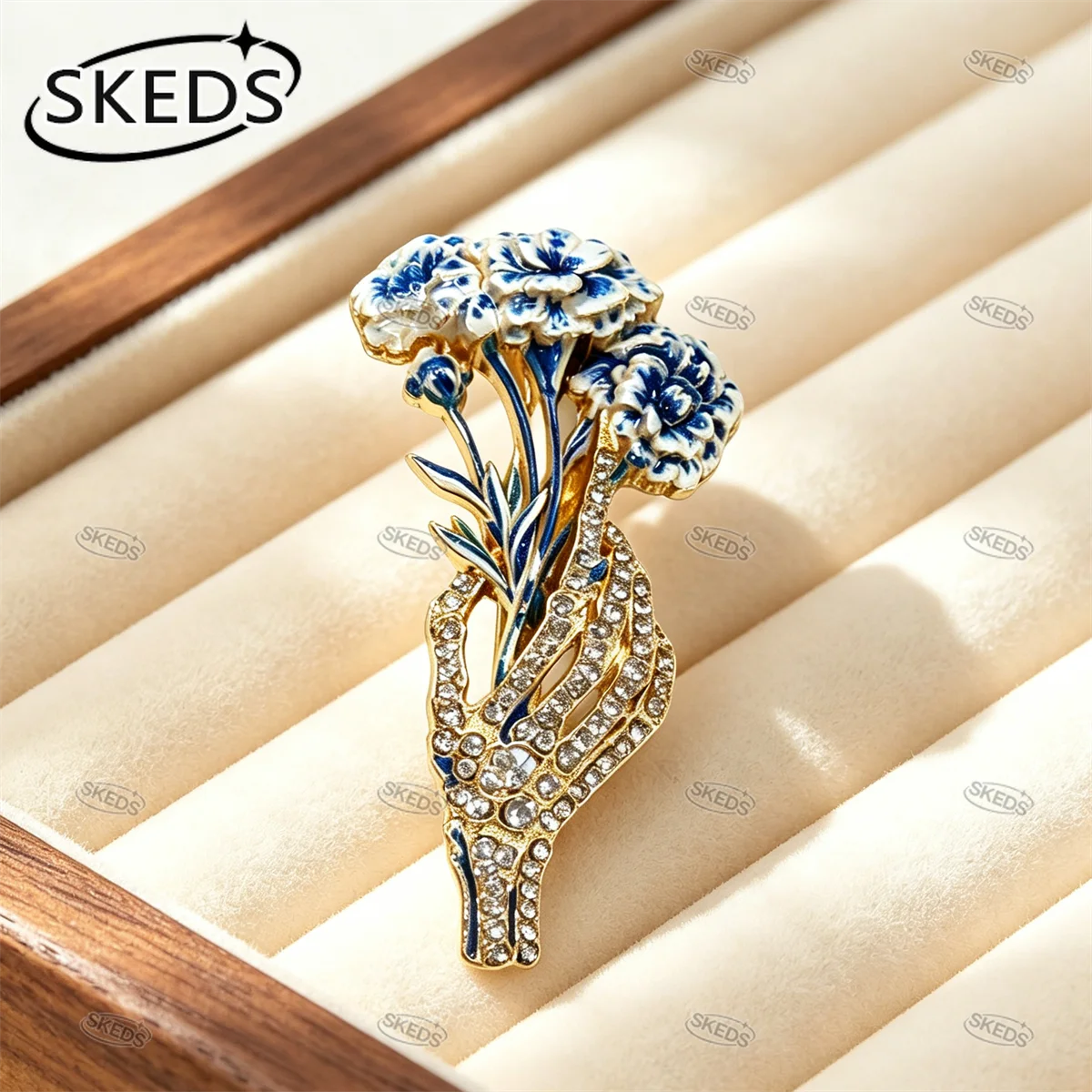 SKEDS Vintage Hand Holding Carnation Flower Brooch Enamel Rhinestone Crystal Lapel Pin Women Suit Scarf Dress Jewelry Gift