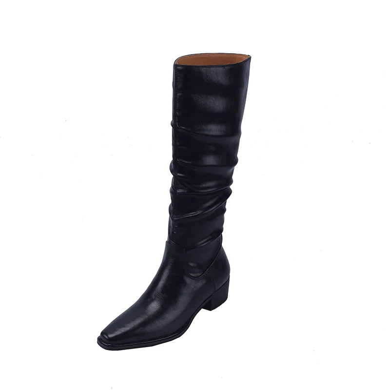 2023 Autumn winter Women knee high boots natural leather 22-25cm Elastic leather+pigskin modern boots square toe Pile up boots