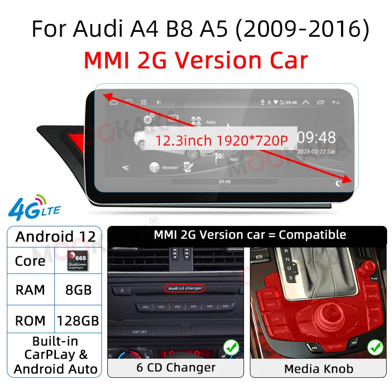 Car IPS Touch Screen Radio For Audi A4 B8 2009-2016 WIFI 4G SIM Android 12 Carplay BT SWC Google 4+64G RAM GPS Navi 8 Core