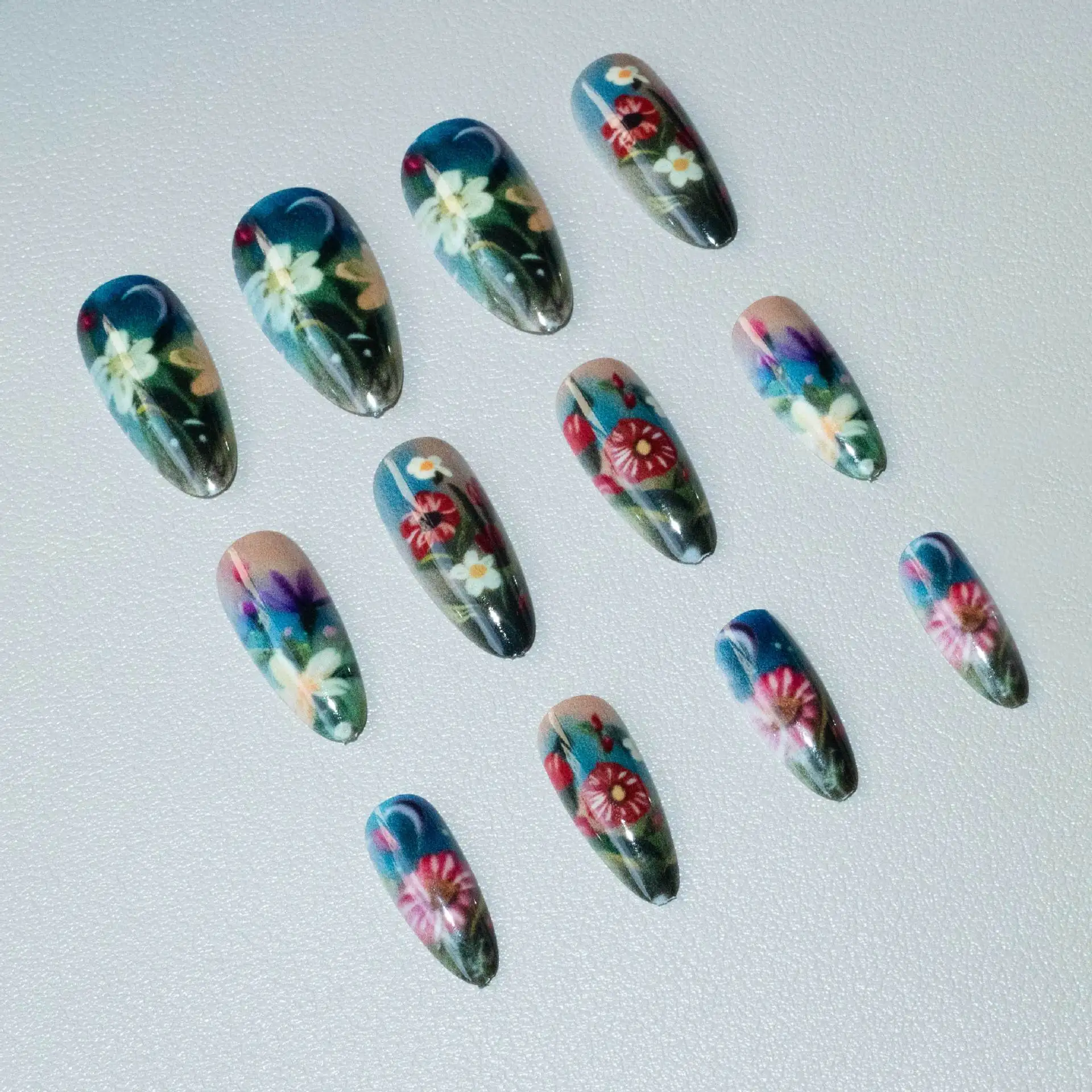 24 قطعة الزهور خمر اللوز عصا على الأظافر كاذبة غطاء كامل الأخضر التدرج الفرنسية الأظافر وهمية للنساء يمكن ارتداؤها مسمار نصائح التصحيح #4