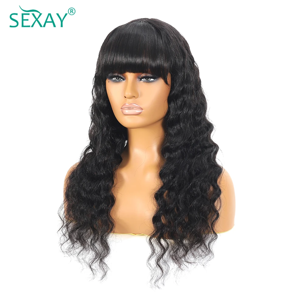 3 Inch PU Scalp Human Hair Wigs with Bangs Sexay Raw Indian Hair Loose Deep Wave Bang Wigs 200 Density Fake Scalp Fringe Wig