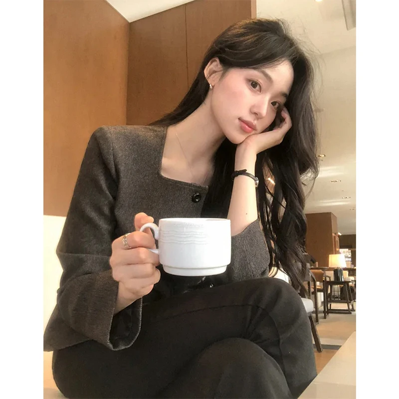 MEXZT Elegante Abgeschnitten Jacke Frauen Fashion Square Kragen Schwarz Mantel Herbst Koreanische Einreiher Lange Ärmel Kurze Outer