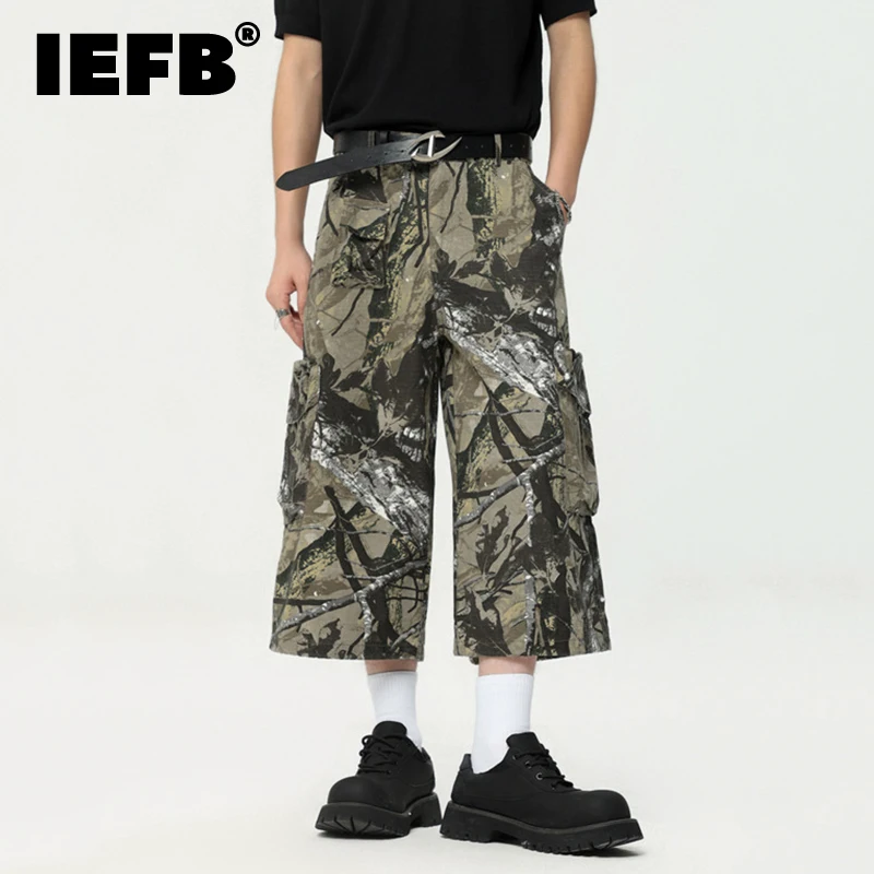 

IEFB American Style Men Graffiti Cropped Trousers Summer Fashion Casual Straight Wide Leg Male Shorts Camouflage Color 9C6630