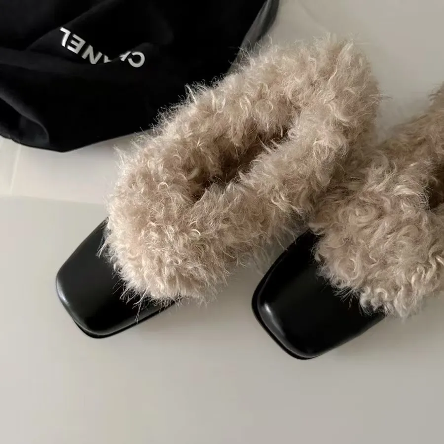 

2025 New Retro High-heeled Fuzzy Shoes Women's Fleece Thermal Square Toe Slip-on Block Heel Cotton Shoes