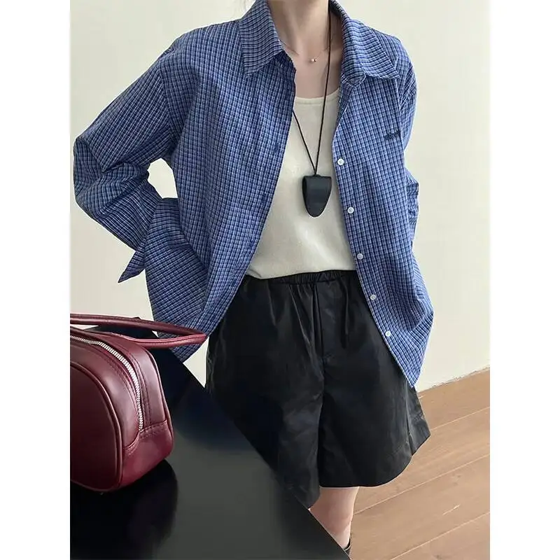 

Vintage Blue Plaid Pure Cotton Shirts Spring Autumn Lapel Letter Embroidery Loose Casual Long Sleeve Tops