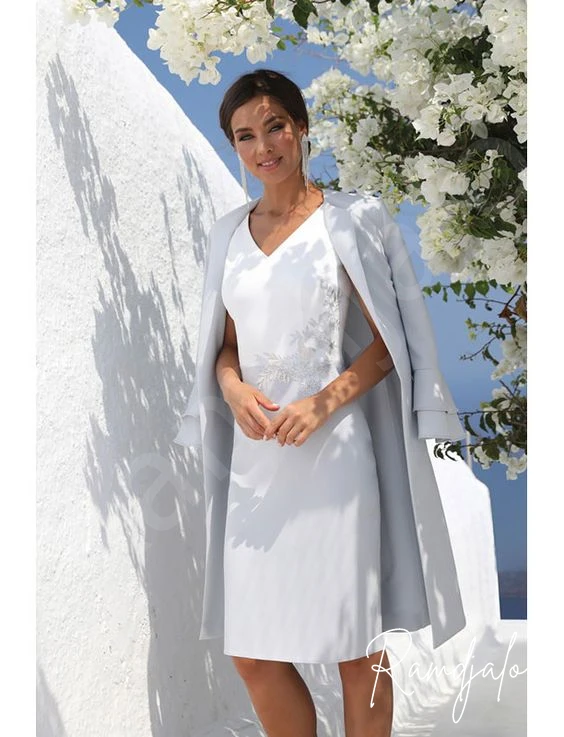 Short Mother Of The Bride Dresses Set with Long Sleeve Outfit Silver Grey Knee Length V-Neck Elegant Women Wedding Guest Gowns